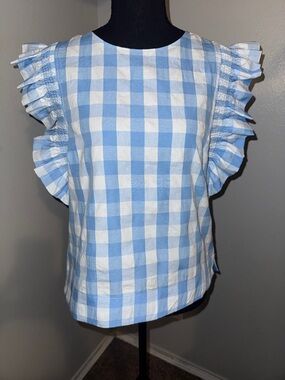 The Impeccable Pig Light Blue and White Gingham Ruffle Sleeve Top